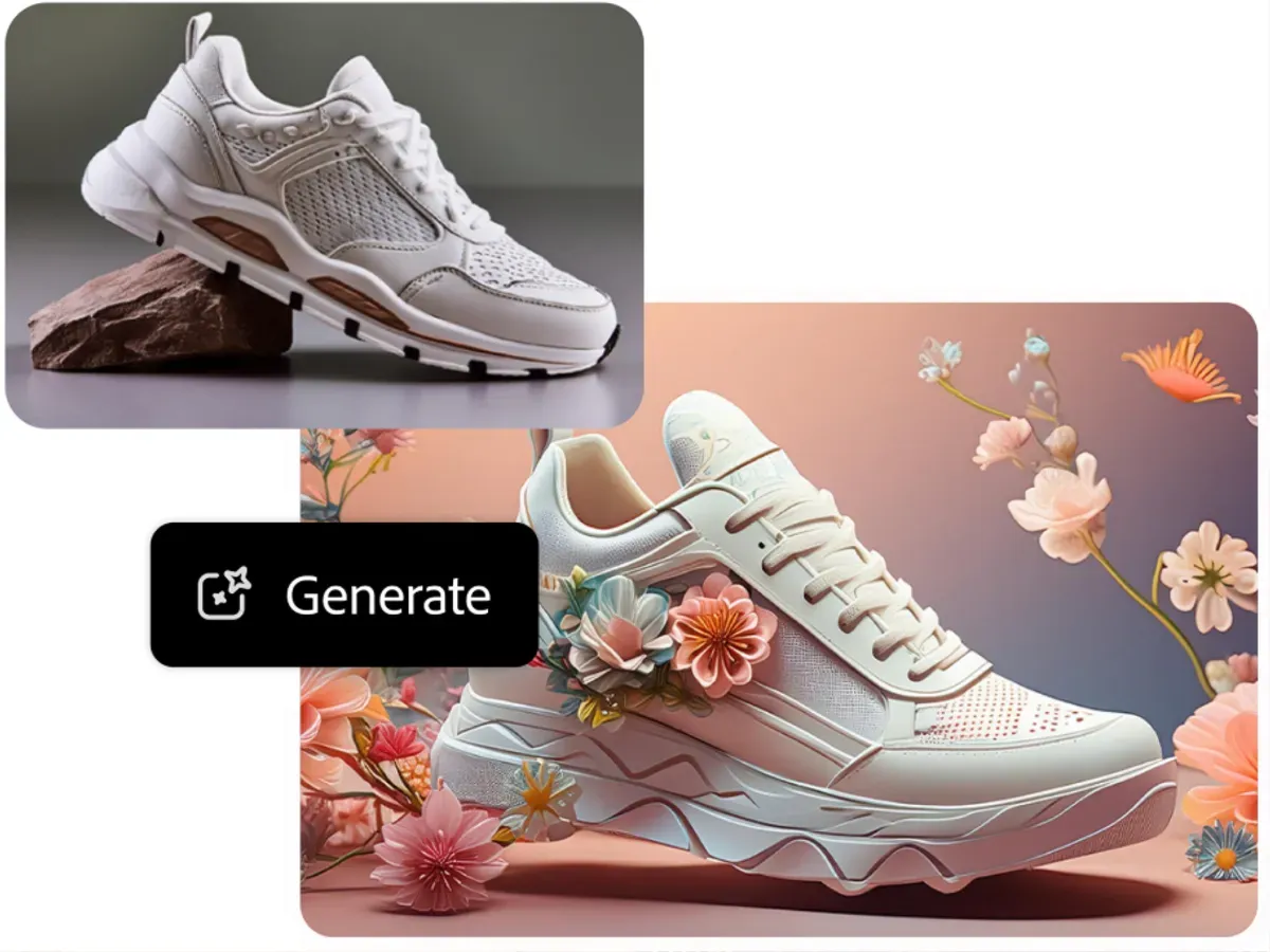 Image-to-image edit decorating a plain sneaker with flowers