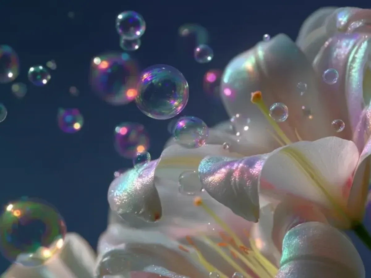 AI macro image of soap bubbles beside white petals