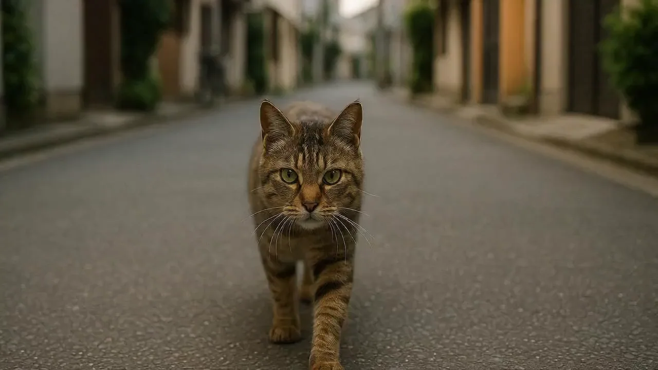 First and last frame clip of a tabby cat walking down a street