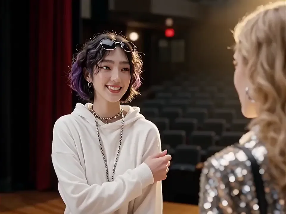 Reference-to-video clip of a young woman chatting in a theatre