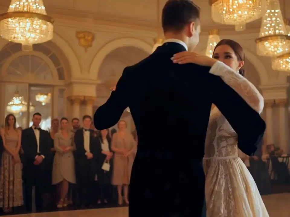 Text-to-video clip of a couple waltzing in a chandelier ballroom