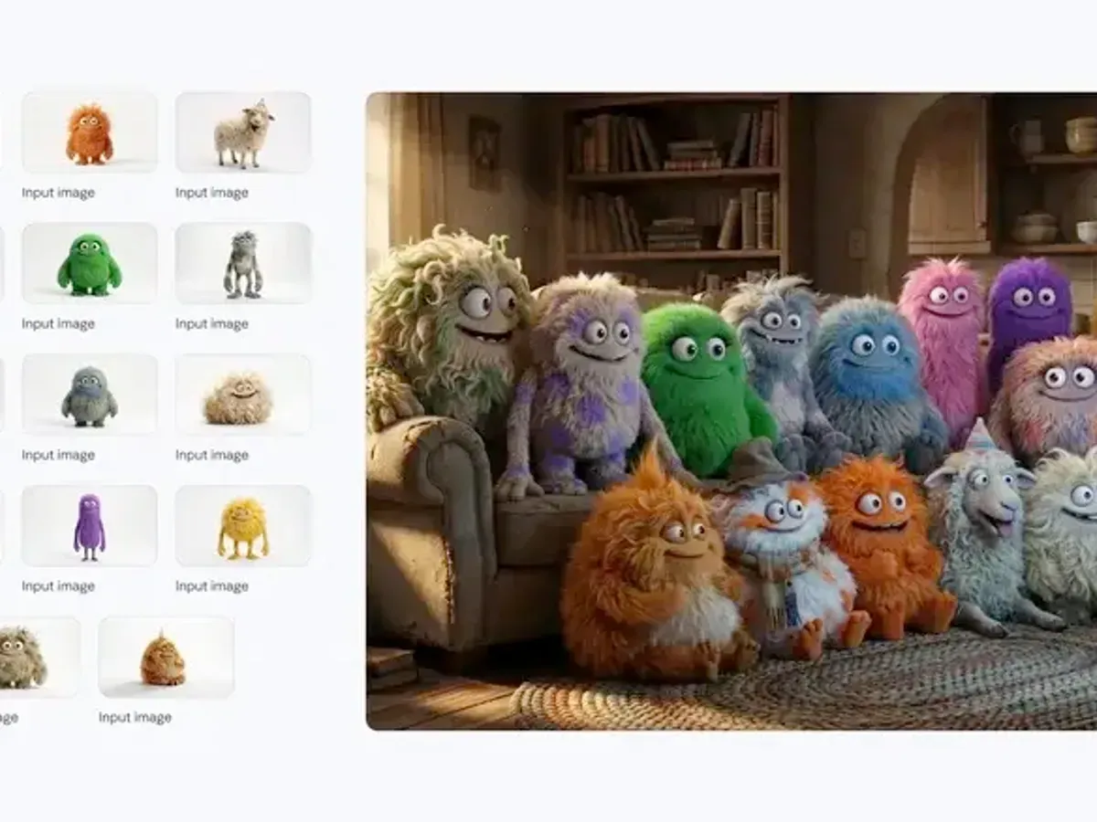 Reference images of furry monsters combined into one living-room scene