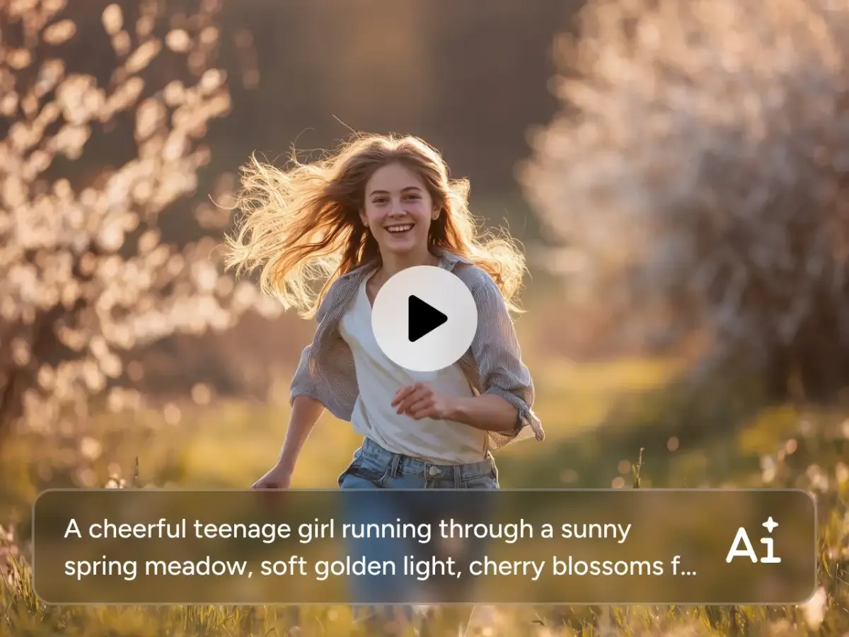 Image-to-video frame of a girl running through a spring meadow