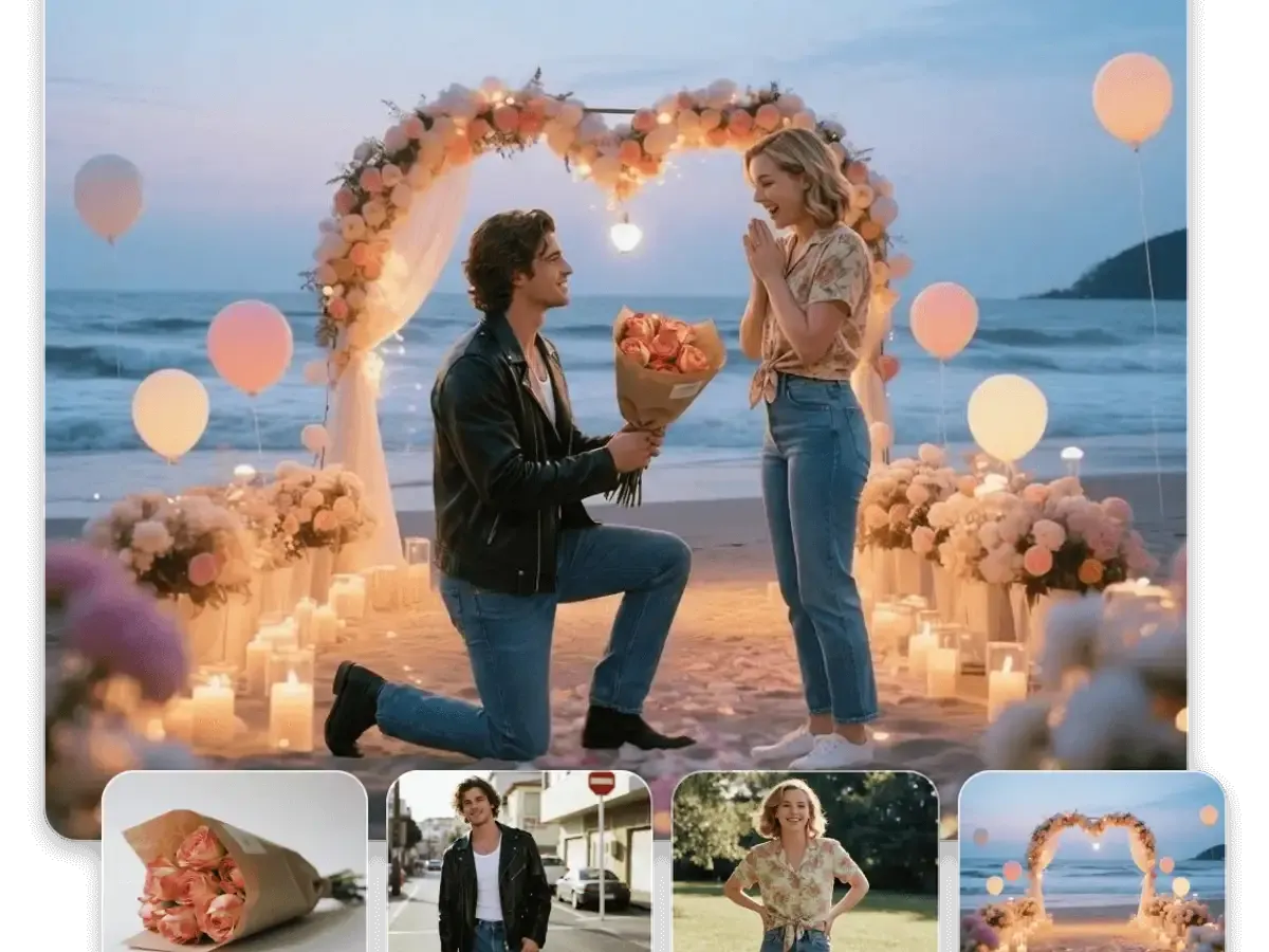 Separate reference photos blended into a beach proposal scene at sunset