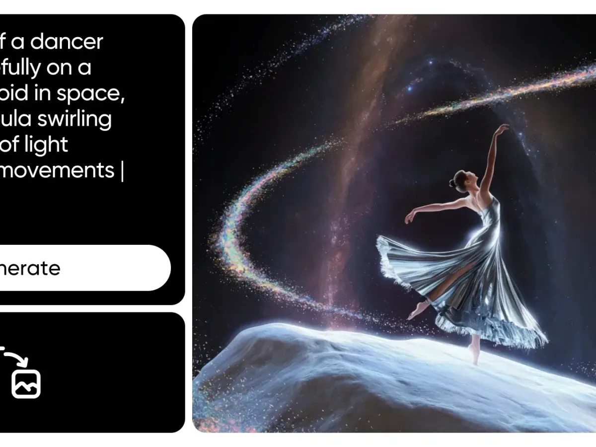 Text prompt turned into an image of a ballet dancer on an asteroid