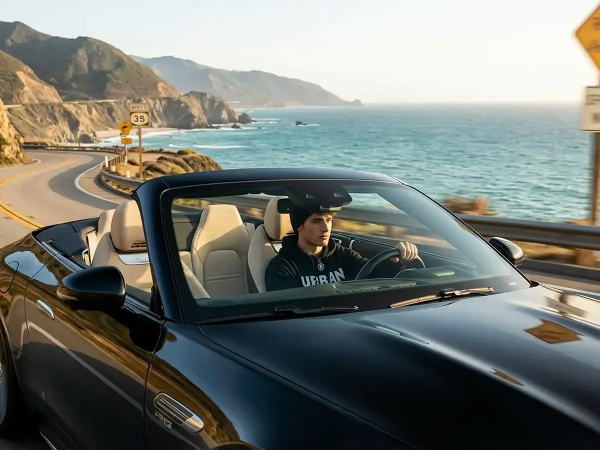 Nano Banana 2 image from a text prompt of a convertible on a coastal highway