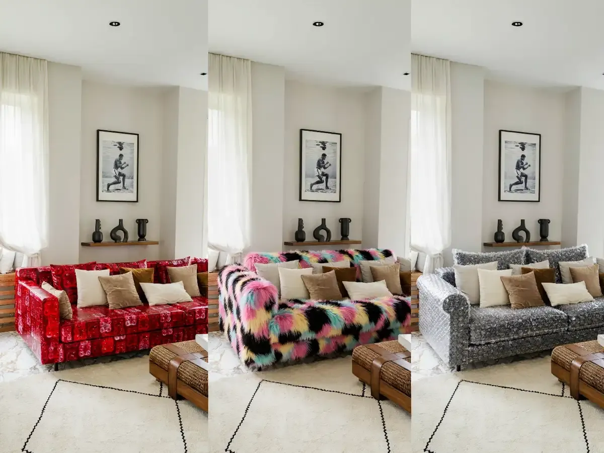 One sofa shown in three fabrics for a side-by-side test