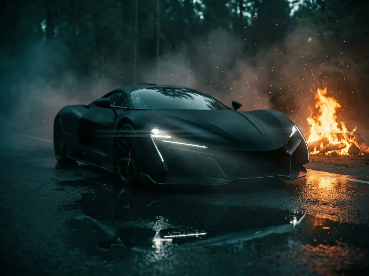 Nano Banana 2 render of a black supercar on a wet night street