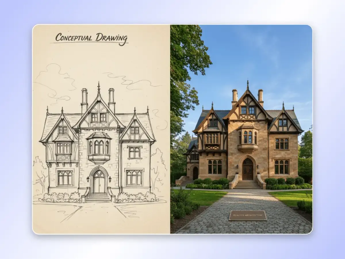 Nano Banana Pro pencil sketch of a manor turned into a photoreal render