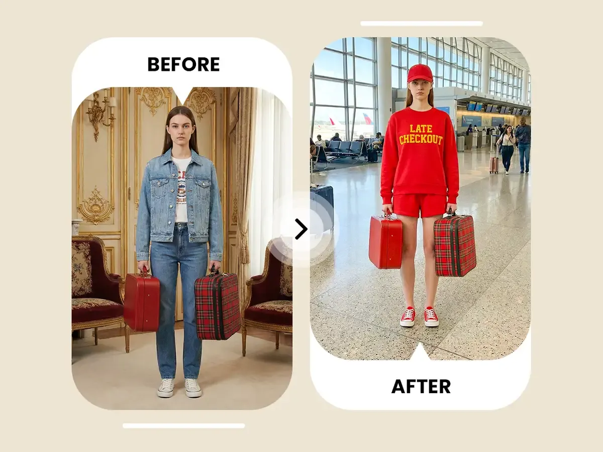 Nano Banana outfit edit from a denim jacket to a red sweatshirt at an airport