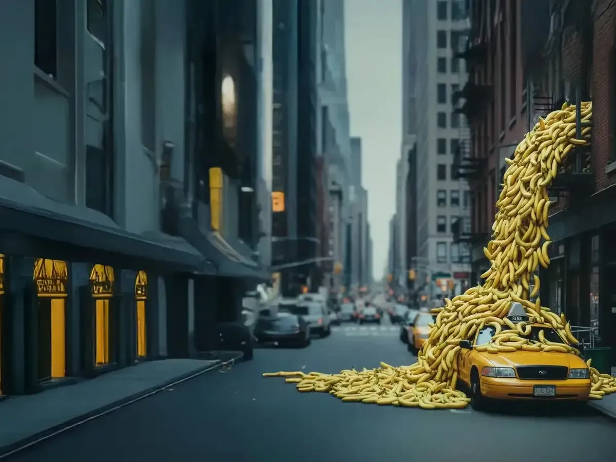 Nano Banana prompt image of bananas spilling over a yellow taxi on a city street