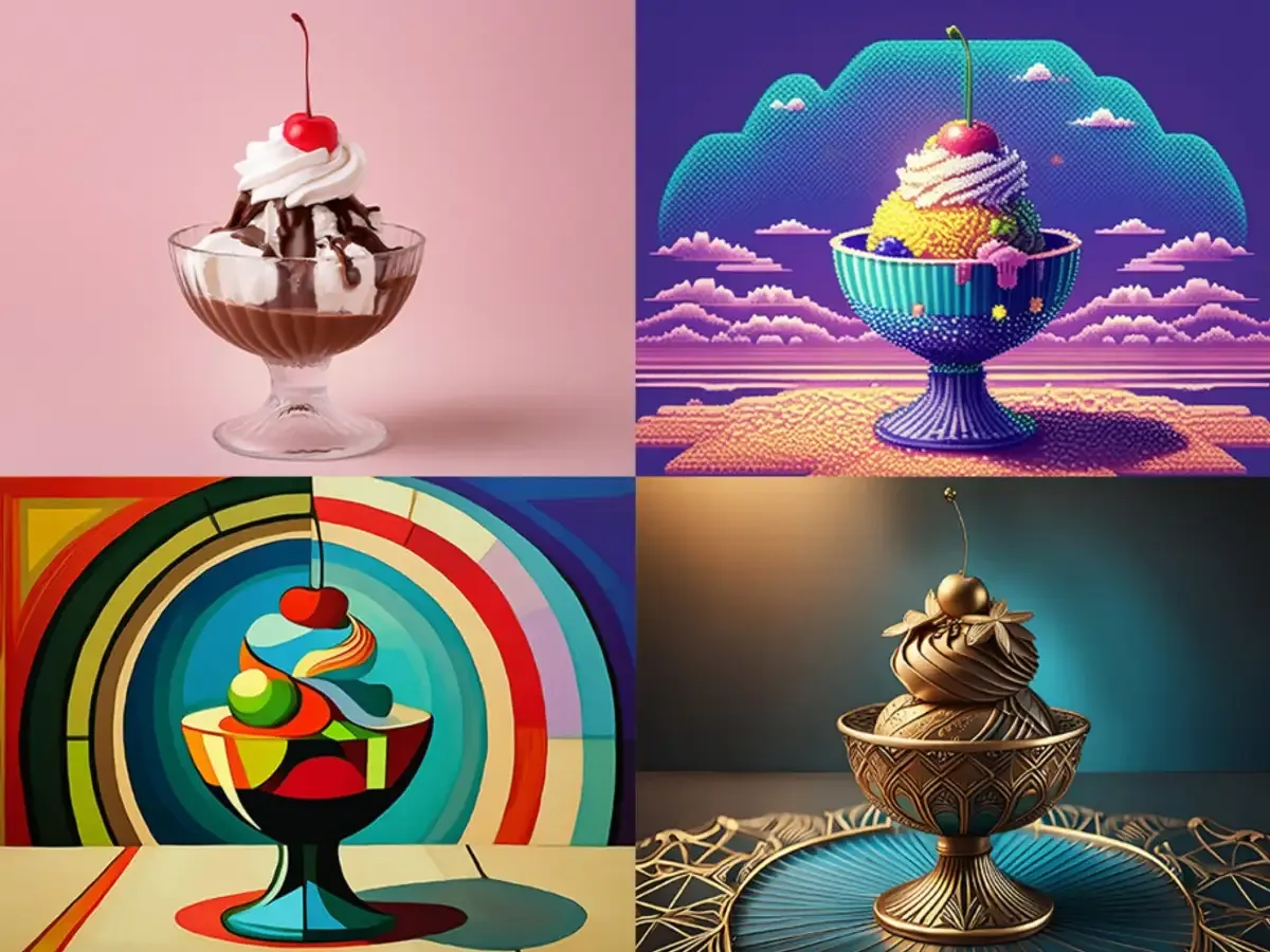 Seedream batch of one sundae in four art styles