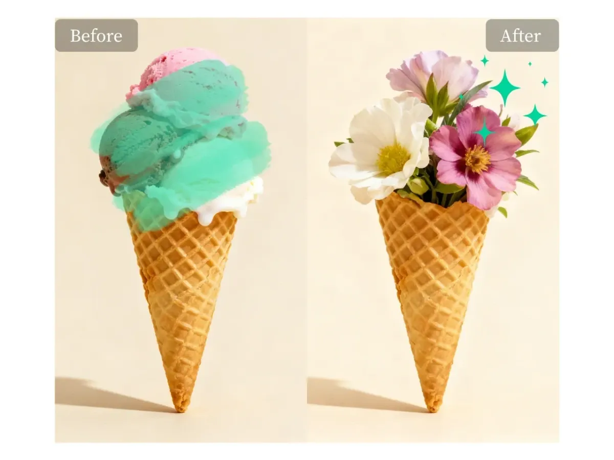 Seedream edit replacing ice cream scoops with flowers